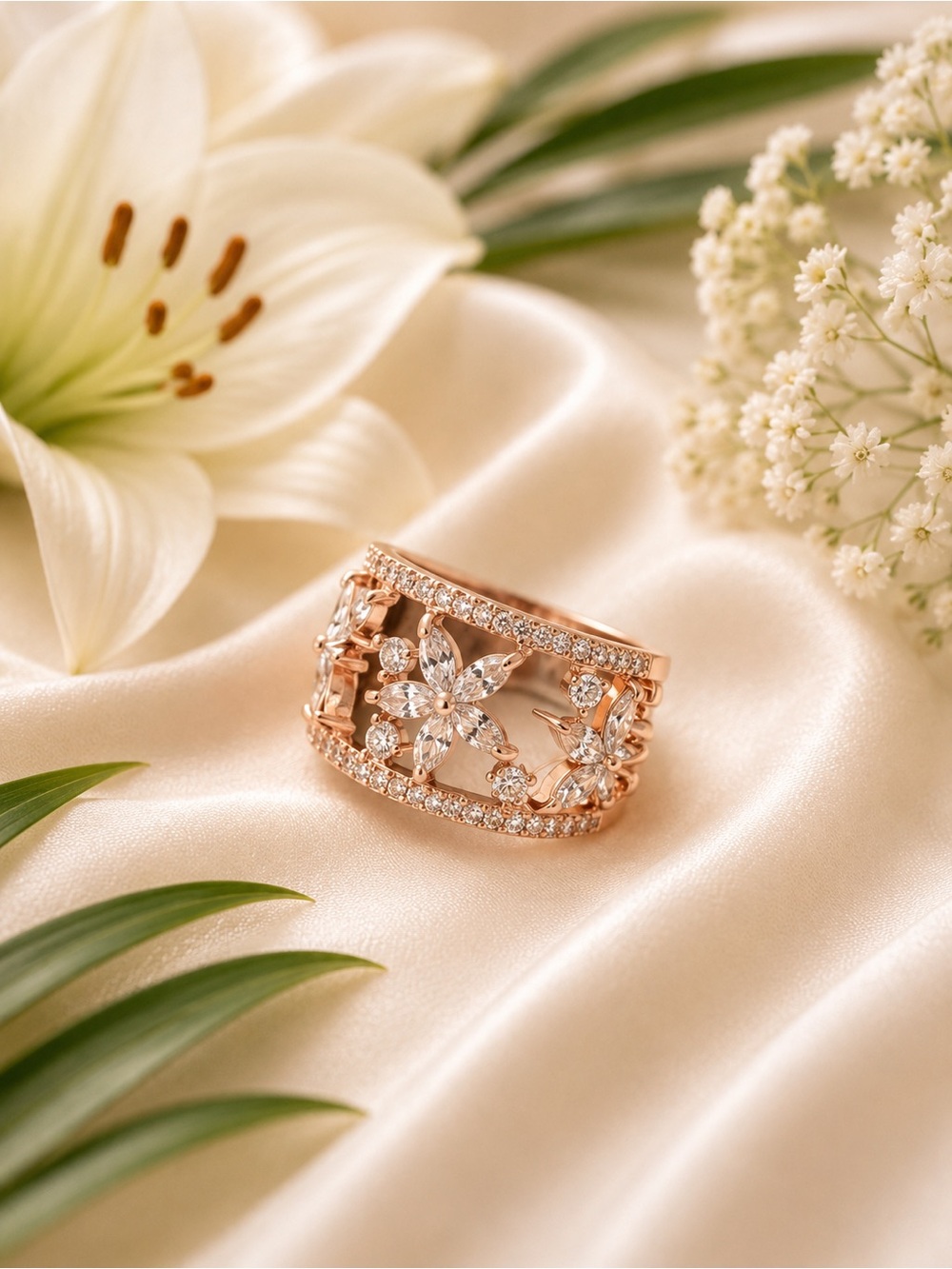 🇨🇦Canada Day Blowout Sale!  Rose Gold Floral Crystal Wide Band Fashion  Ring